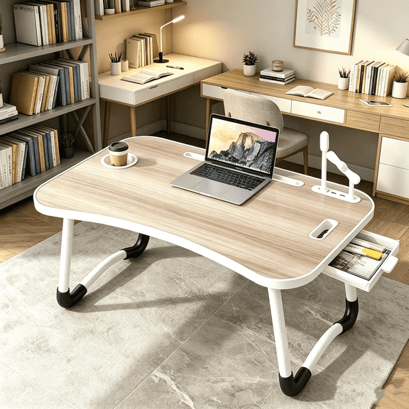 Foldable Laptop Table, Laptop Stand for Bed, Large Eating Tray with Cup Holder, Drawer, Usb, Fan and Lamp, Ideal for Eating, Reading and Writing on Bed or Sofa, Stable,Woodgrain