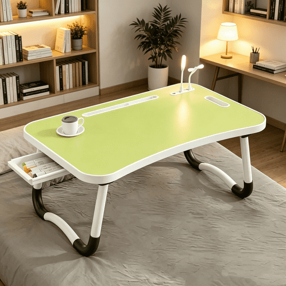 Oversized Portable Laptop Nightstand - Versatile Tray Holder With Cup Holder AndDrawer, USB, Fan And Lamp - Perfect For Eating, Reading And Writing On Bed, SofaFloor -Stable, Durable And Foldable
