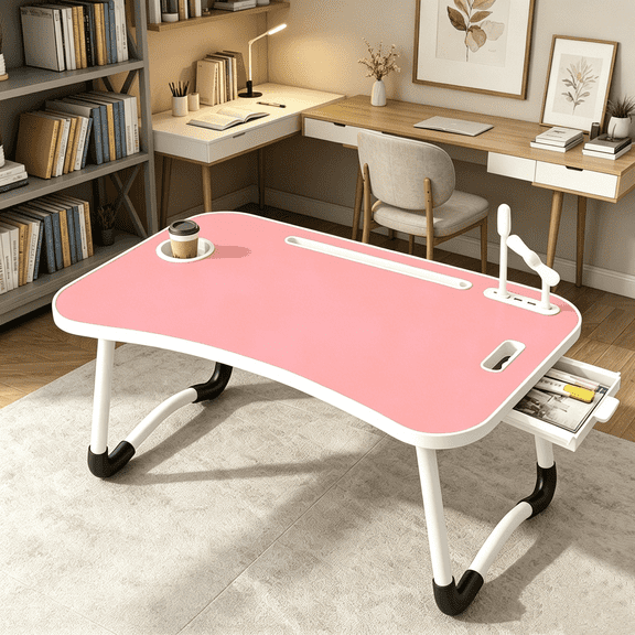 Foldable Laptop Table, Laptop Stand for Bed, Large Eating Tray with Cup Holder, Drawer, Usb, Fan and Lamp, Ideal for Eating, Reading and Writing on Bed or Sofa, Stable ,Pink