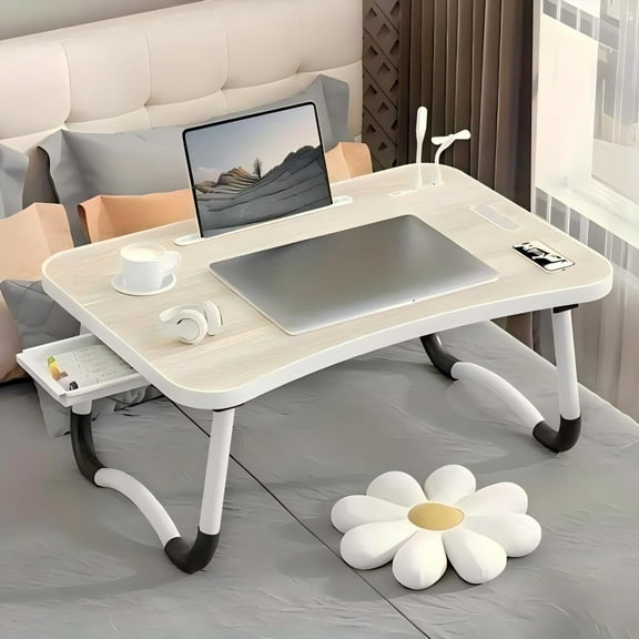 Oversized Portable Laptop Nightstand - Versatile Tray Holder With Cup Holder AndDrawer, USB, Fan And Lamp - Perfect For Eating, Reading And Writing On Bed, SofaFloor - Stable, Durable And Foldable