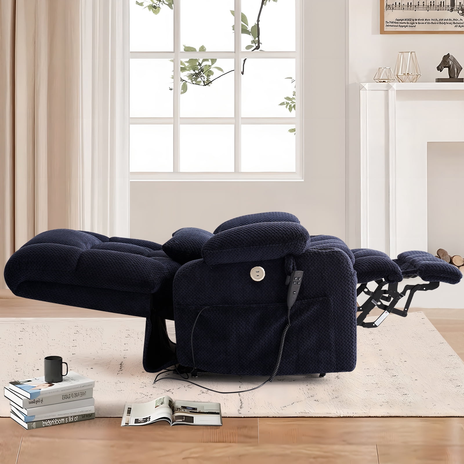 Oversized Power Lift Recliner Chair for Adults with Massage and Heat, Infinite Position Lay Flat Lift Chair for Elderly/Seniors, One-Touch Reset, USB&Type-C, Cup Holders, Lumbar Pillow, Blue