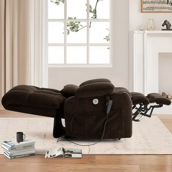 Oversized Power Lift Recliner Chair for Adults with Massage and Heat, Infinite Position Lay Flat Lift Chair for Elderly/Seniors, One-Touch Reset, USB&Type-C, Cup Holders, Lumbar Pillow, Brown