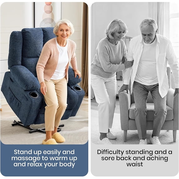 Oversized Power Lift Recliner Chair for Elderly – 155° Lay Flat Electric Sofa – Massage & Heat – Stand Assist – 2 Cup Holders – Terry Cloth – 57cm Wide Seat