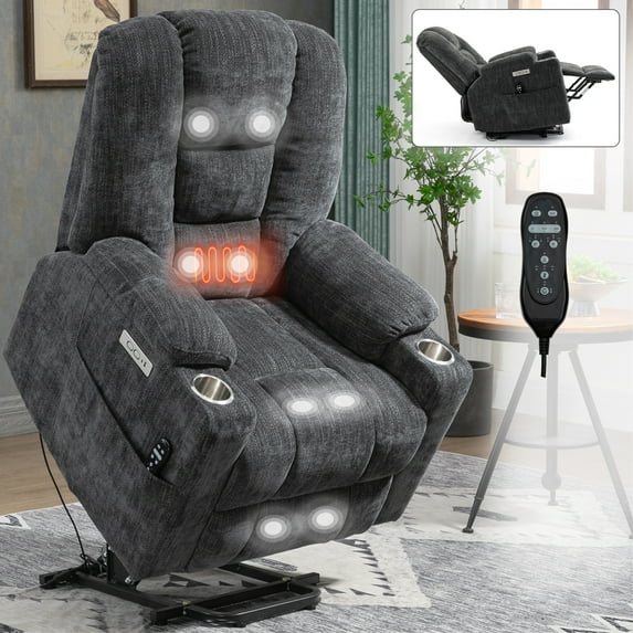 Oversized Power Lift Recliner Chair with Massage and Heat for Elderly, Overstuffed Wide Massage Recliner Chair, Heavy Duty Motion Mechanism with USB, Type C Ports and 2 Steel Cup Holders, Gray