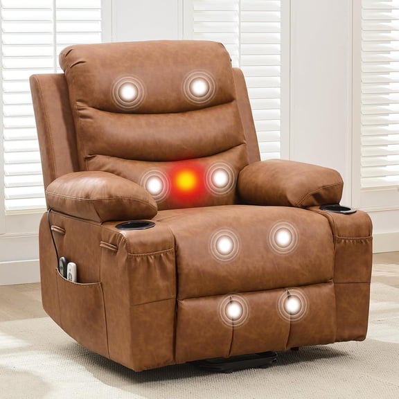 Oversized Power Lift Recliner Chair with Massage & Heat, Electric Adjustable Reclining Sofa with Stand Assist, Cup Holders & Side Pocket, PU Leather, Gray, for Seniors,Retro Brown