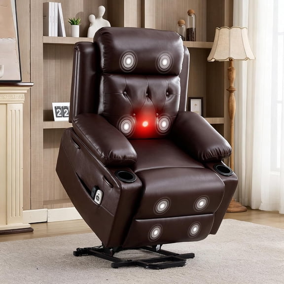 Oversized Power Lift Recliner Chair with Vibration Massage, Big and Tall Electric Lift Chair with PU Leather, Cup Holders and Side Pockets,Dark Brown