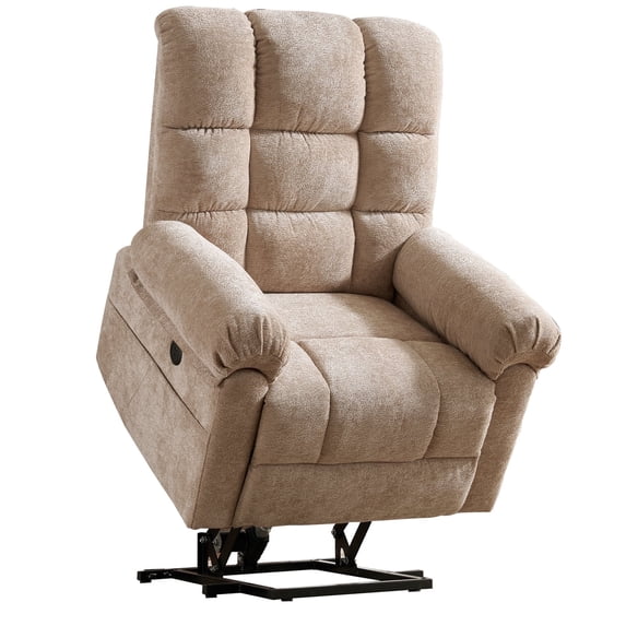 Oversized Power Lift Recliner with Massage and Heat for Elderly, 26" Extra Wide Electric Lift Recliner with Overstuffed Backrest, Faux Leather Lift Chair for Big and Tall, USB Port, Beige