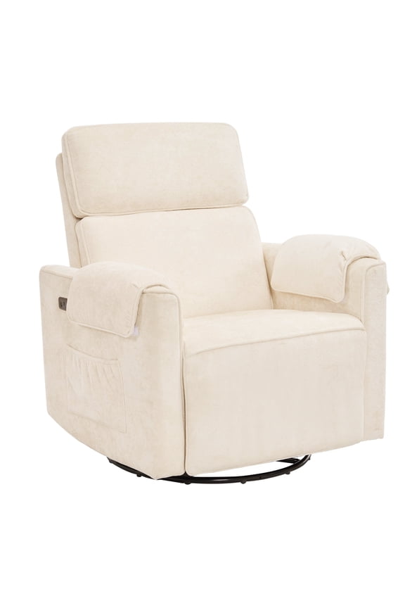 Oversized Power Recliner Chair, 26" Extra Wide Swivel Rocker Recliner with Adjustable Headrest, Chenille Glider Rocking Nursery Chair with Overstuffed Armrest, USB Ports, Cream