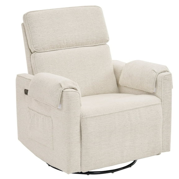 Oversized Power Recliner Chair, 26" Extra Wide Swivel Rocker Recliner with Adjustable Headrest, Chenille Glider Rocking Nursery Chair with Overstuffed Armrest, USB Ports, White