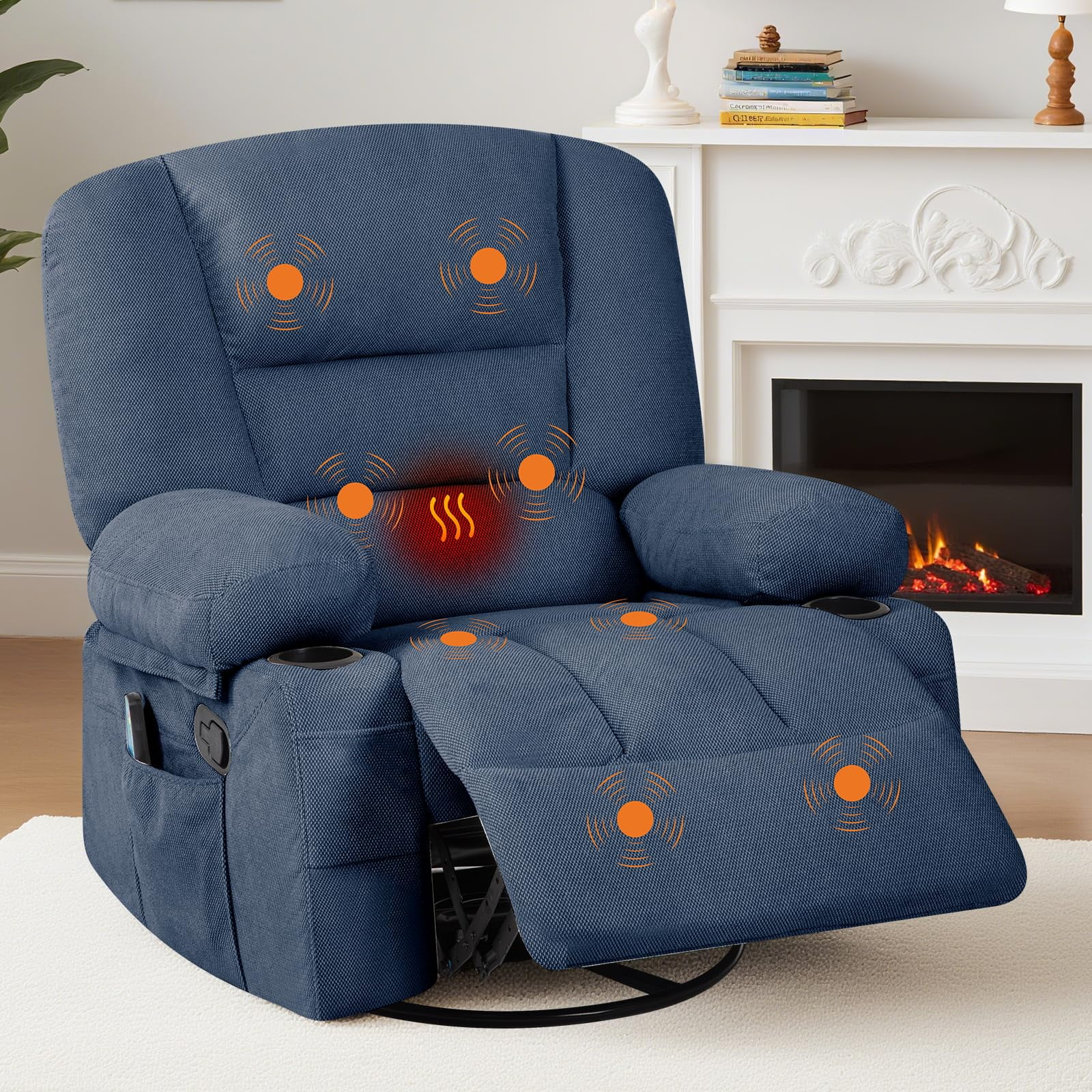 Oversized Power Recliner Chair with 360° Swivel, Rocking, Massage & Heating - Extra Wide Chenille Lounge Sofa with Remote, Cup Holders, Side Pockets, USB Port - Living Room, Bedroom