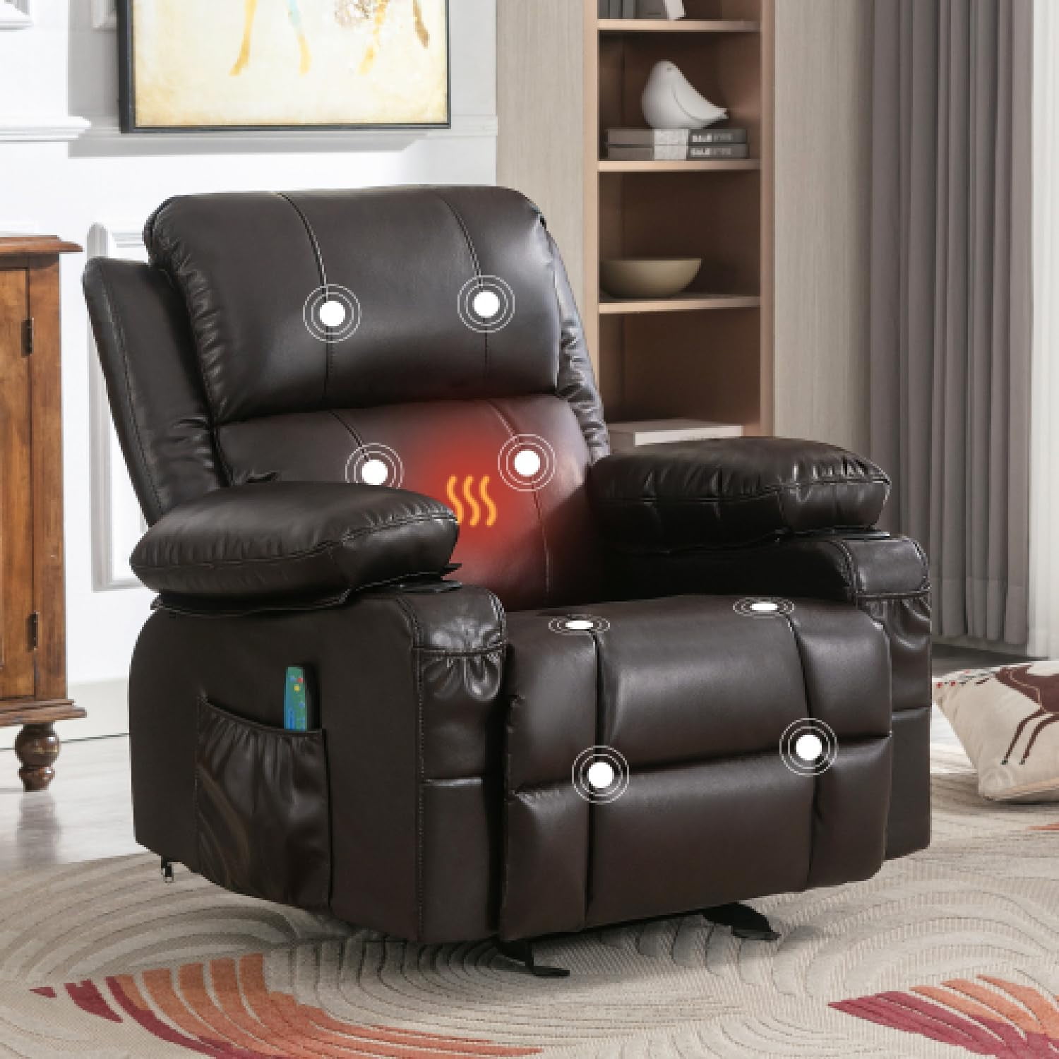 Oversized Power Rocker Recliner with Heat and Massage, Leather Recliner Chairs for Adults