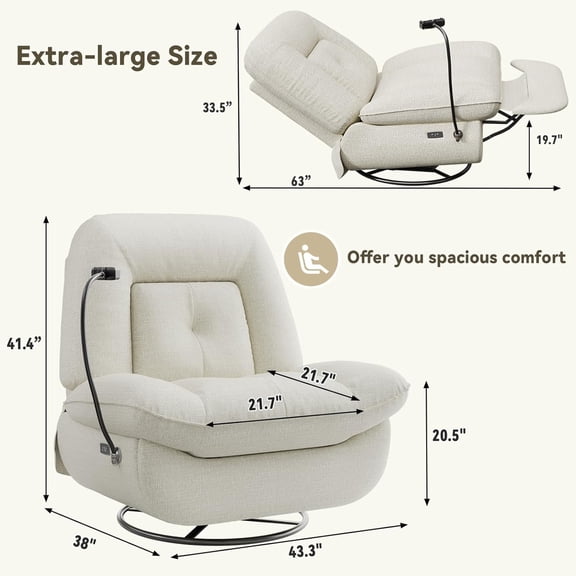 Oversized Power Swivel Rocker Recliner Chair with USB Port, Phone Holder & Hidden Storage - White