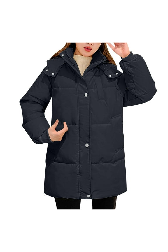 Oversized Puffer Jacket for Women Lightweight Warm Long Sleeve Down Coats with Hood Winter Solid Color Padded Coat (Black L)