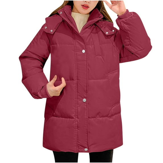 Oversized Puffer Jacket for Women Lightweight Warm Long Sleeve Down Coats with Hood Winter Solid Color Padded Coat (Red L)