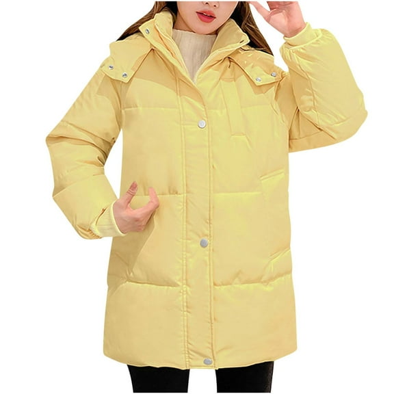 Oversized Puffer Jacket for Women Lightweight Warm Long Sleeve Down Coats with Hood Winter Solid Color Padded Coat (Yellow M)