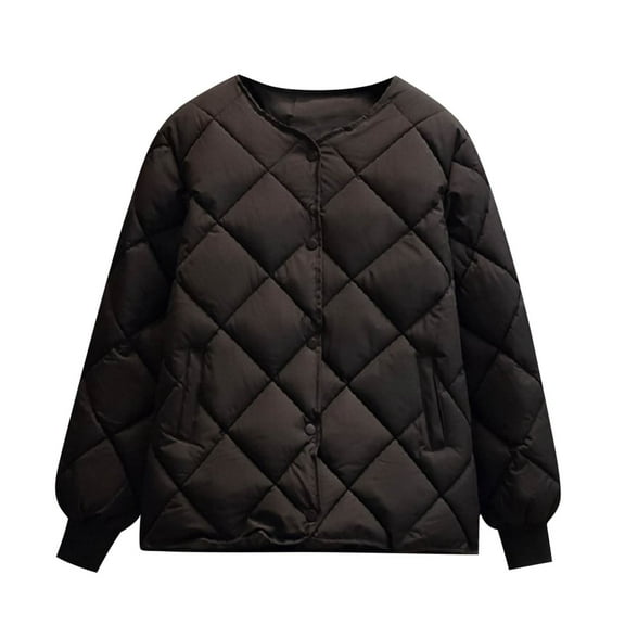 Oversized Puffer Jacket for Women Warm Long Sleeve Short Down Coats with Pockets Winter Crew Neck Padded Coat (Black XL)
