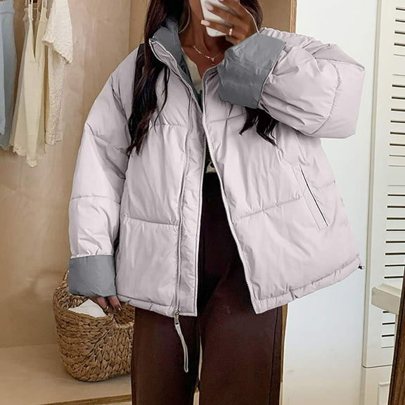Oversized Puffer Jackets for Women Color Block Lined Zip Up Stand Collar Thicken Quilted Jacket with Pockets Casual Long Sleeve Loose Down Coat Solid Winter Warm Short Coats 2025