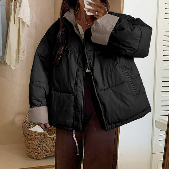 Oversized Puffer Jackets for Women Color Block Lined Zip Up Stand Collar Thicken Quilted Jacket with Pockets Casual Long Sleeve Loose Down Coat Solid Winter Warm Short Coats 2025