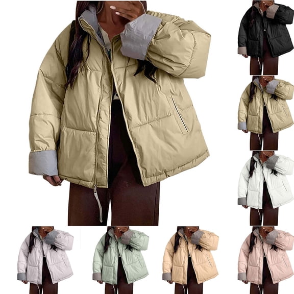 Oversized Puffer Jackets for Women Color Block Lined Zip Up Stand Collar Thicken Quilted Jacket with Pockets Casual Long Sleeve Loose Down Coat Solid Winter Warm Short Coats 2025
