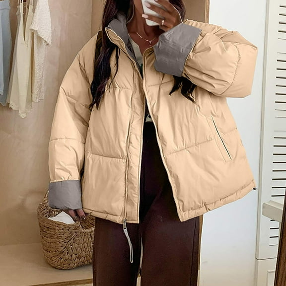 Oversized Puffer Jackets for Women Color Block Lined Zip Up Stand Collar Thicken Quilted Jacket with Pockets Casual Long Sleeve Loose Down Coat Solid Winter Warm Short Coats 2025