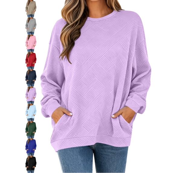 Oversized Pullover Sweatshirt for Women Crewneck Long Sleeve Argyle Jacquard with Pockets Casual Fall Everyday Top