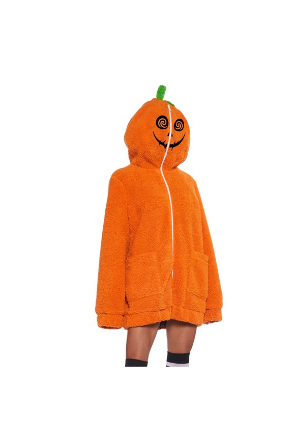 Oversized Pumpkin Hood Jacket, Halloween Oversized Fuzzy Pumpkin Hood Jacket,Jack O Lantern Plush Outerwear With 3D Stem, Full Zip Halloween Cosplay Coat for Adult Casual Wear, Light Green M