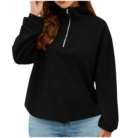 Oversized Quarter Zip Sweatshirt for Women Casual Loose Solid Color Long Sleeve Zipper Pullover Top Stand Collar Sweater (Black XL)