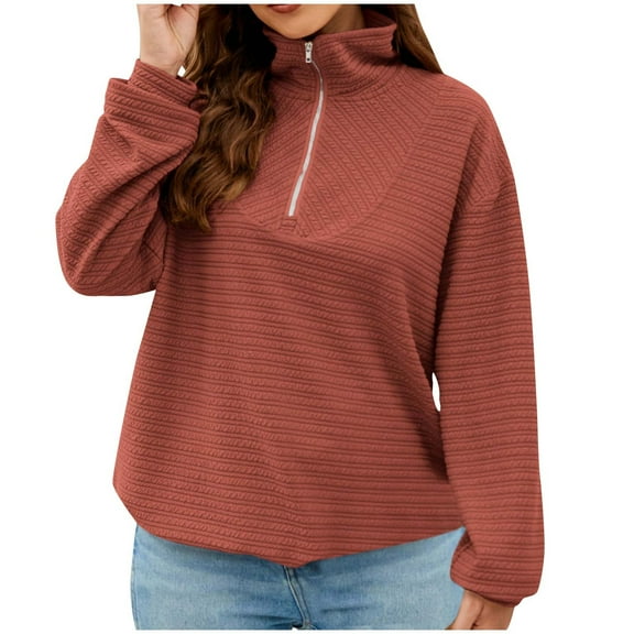 Oversized Quarter Zip Sweatshirt for Women Casual Loose Solid Color Long Sleeve Zipper Pullover Top Stand Collar Sweater (Orange L)