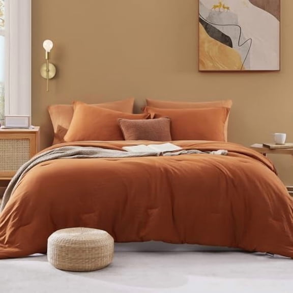 Oversized Queen Comforter Set - 7 Pieces Burnt Orange Bed in a Bag Queen with Sheets, 2 Pillow Shams, and 2 Pillowcases- Warm Bedding Sets Queen for All Season