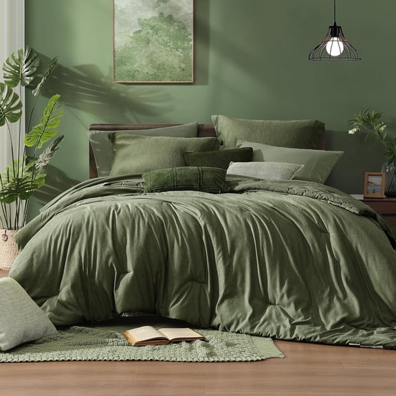 Oversized Queen Comforter Set 7 Pieces Olive Green Reversible Bed in a Bag with Comforter Sheets Pillowcases and Shams