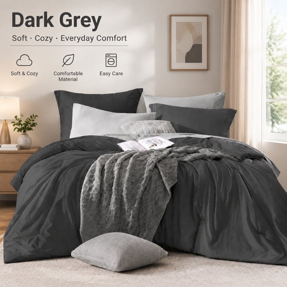 Oversized Queen Comforter Set 7 Pieces Dark Grey Bed in a Bag Bedroom Bedding Bundle