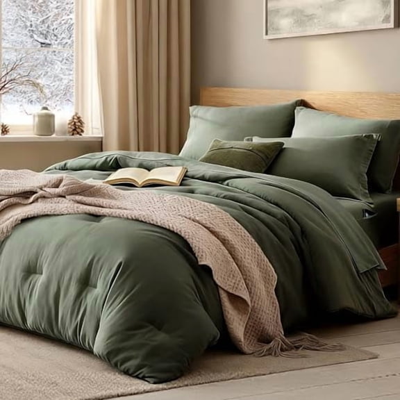 Oversized Queen Comforter Set - 7 Pieces Olive Green Bed in a Bag Queen with Sheets, 2 Pillow Shams, and 2 Pillowcases- Warm Bedding Sets Queen for All Season