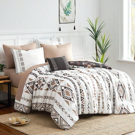 Oversized Queen Comforter Set - 7 Pieces Reversible Bedding Set Boho Bed in A Bag Lightweight Soft Aztec Bedding All Season Bed Comforter Set with Sheets Pillowcases Shams