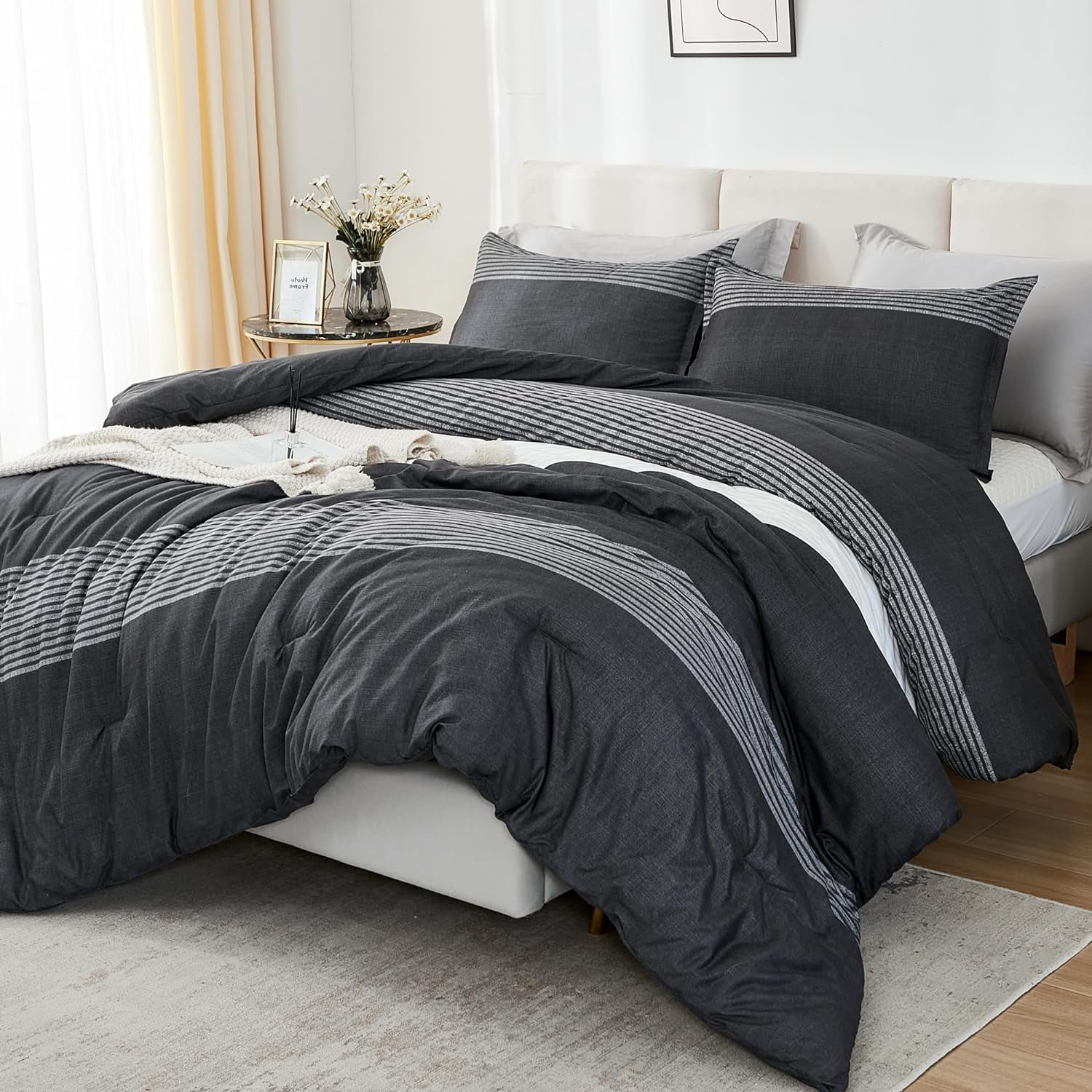 Oversized Queen Comforter Set Black White Grey 98x98-3 Pieces ...