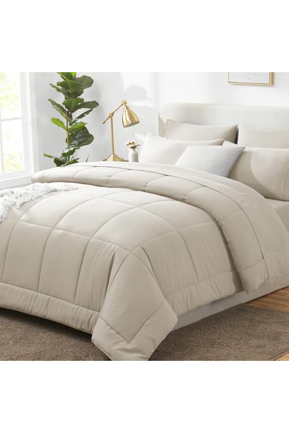 Oversized Queen Comforter Sets Beige, 7 Pieces Bed in a Bag, Ultra-Soft All Season Bedding Sets with Stitch Quilted Comforter, Flat Sheet, Fitted Sheet, Pillowcases, Beige