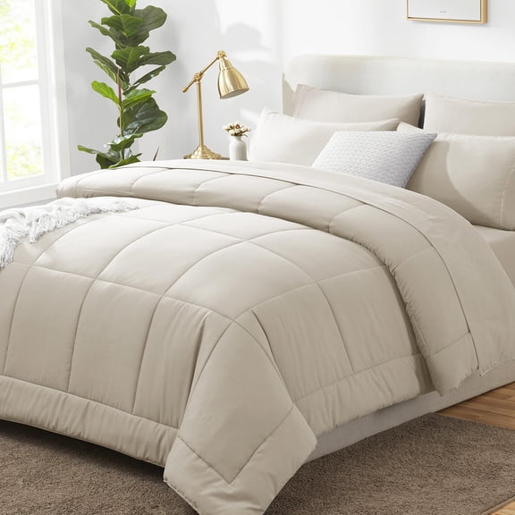 Oversized Queen Comforter Sets Beige  7 Pieces Bed In A Bag Ultra-soft All Season Bedding With Quilted Flat Sheet Fitted Pillowcases