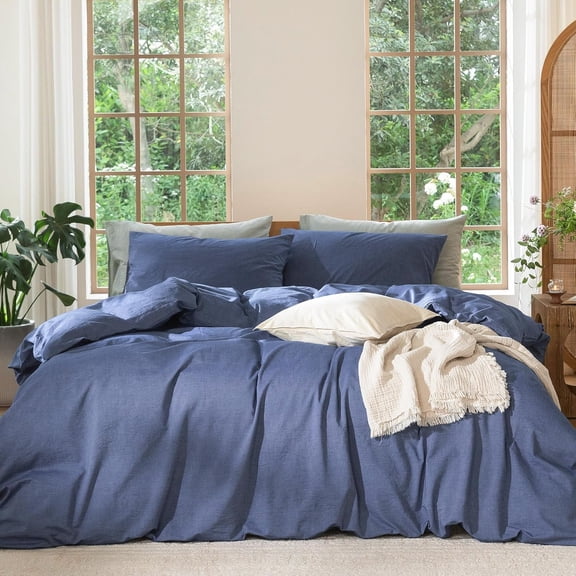 Oversized Queen Duvet Cover Set, 100% Washed Cotton Textured Weave, Breathable & Soft Bedding, Heathered Blue, Includes Duvet Cover & Pillowcase(s), 98x98 Inches