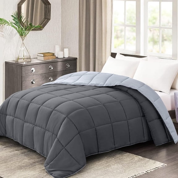 Oversized Queen Reversible Quilted Comforter Dark Gray and Light Grey