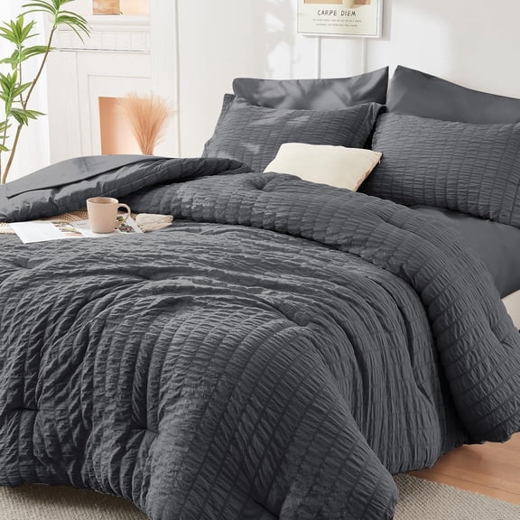 Oversized Queen Seersucker Comforter Set 7 Pieces All Season Dark Grey