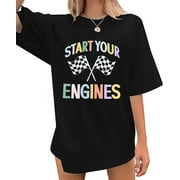 Oversized Racing Shirts Women Start Your Engines Shirt Race Day Checkered Flag Race Car T-Shirt Short Sleeve Tee Top