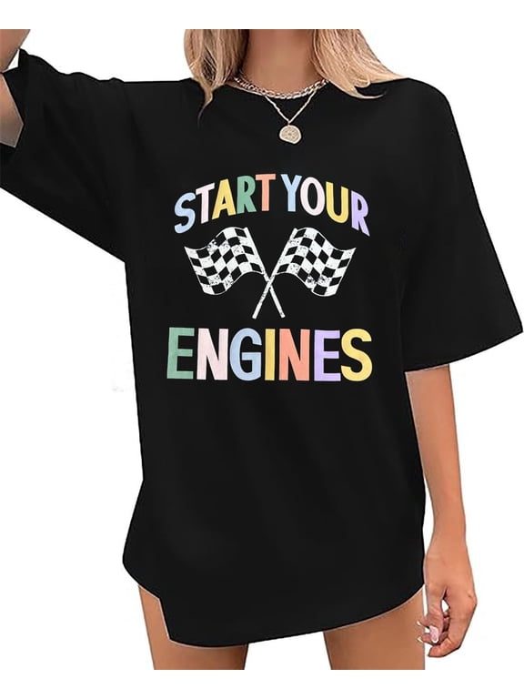 Oversized Racing Shirts Women Start Your Engines Shirt Race Day Checkered Flag Race Car T-Shirt Short Sleeve Tee Top