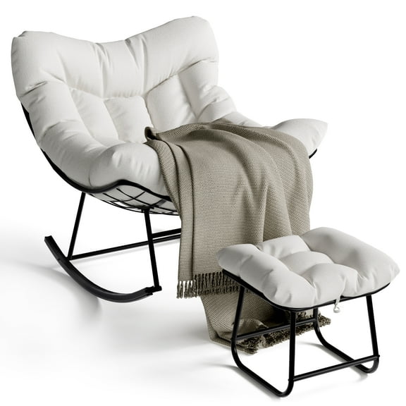 Oversized Rattan Egg Rocking Chair Metal Frame with Ottoman & Soft Cushion for Patio, Porch, Balcony, Bedroom