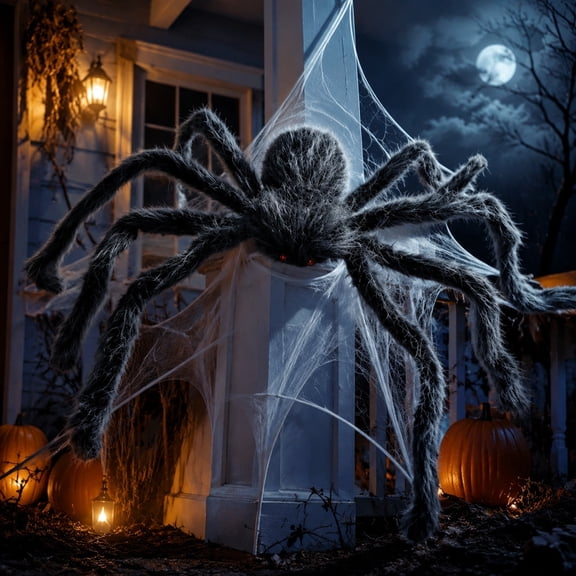 Oversized Realistic Halloween Spider Decoration with Soft Hairy Texture and Lifelong Legs, Creepy Crawly Ornament for Haunted House, Yard Display, and Indoor Party Scene Layout.
