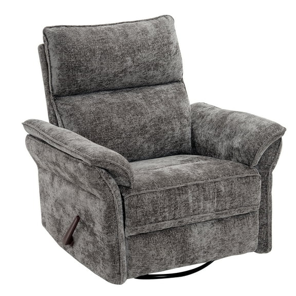 Oversized Recliner Chair, 26" Extra Wide 360° Swivel Rocker Recliner with Adjustable Headrest, Chenille Glider Rocking Nursery Chair with Overstuffed Armrest, Lumbar Support, Dark Gray