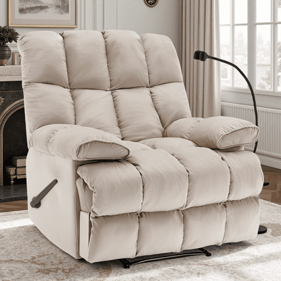 Oversized Recliner Chair 350 lb Weight Capacity, Home Oversized Velvet Manual Chair Recliner Overstuffed Arms and Back for Home Theater Living Room Beige