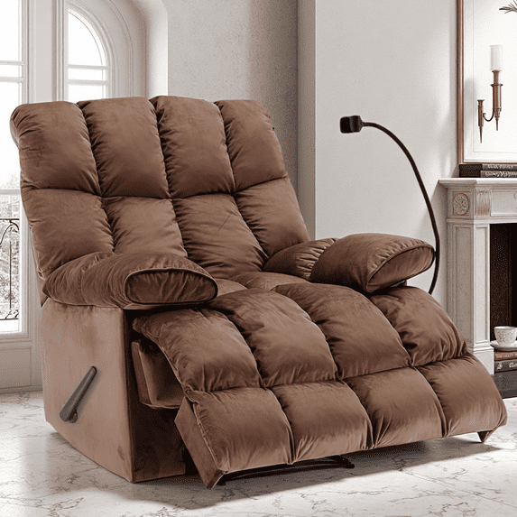 Oversized Recliner Chair 350 lb Weight Capacity, Home Oversized Velvet Manual Chair Recliner Overstuffed Arms and Back for Home Theater Living Room Brown