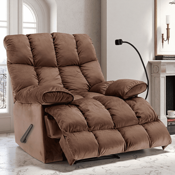 Oversized Recliner Chair 350 lb Weight Capacity, Home Oversized Velvet Manual Chair Recliner Overstuffed Arms and Back for Home Theater Living Room Brown