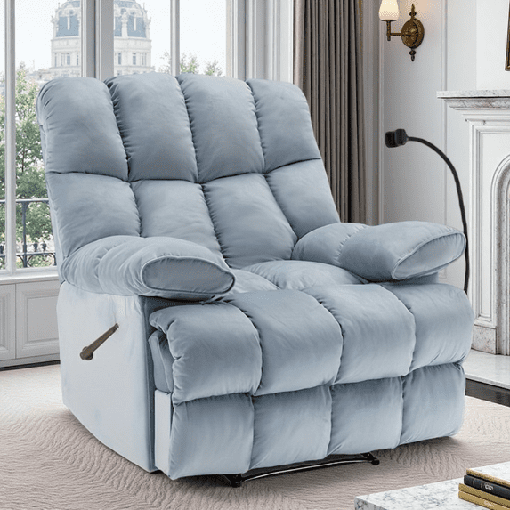 Oversized Recliner Chair 350 lb Weight Capacity, Home Oversized Velvet Manual Chair Recliner Overstuffed Arms and Back for Home Theater Living Room Light Blue