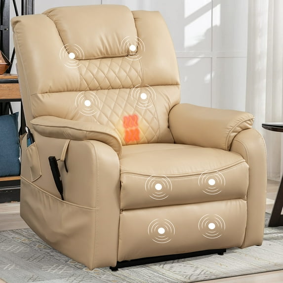 Oversized Recliner Chair for Adults, Double Power Recliner Chair with Heat Therapy and Massage, Living Room Single Sofa Seat 180 Degrees Lying Flat Recliner Electric Lounge Chair, Beige Yellow