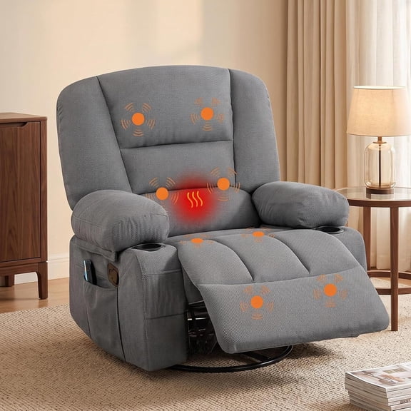 Oversized Recliner Chair, Extra Wide 360° Swivel Rocker Recliner with Massage & Heat, Nursery Glider Chair for Adults, Arm Storage, Side Pockets, 2 Cup Holders, Living Room & Bedroom,Dark gray
